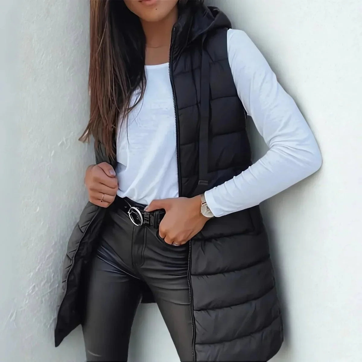 Women's long hooded sleeveless puffer vest lightweight layering gilet – Black