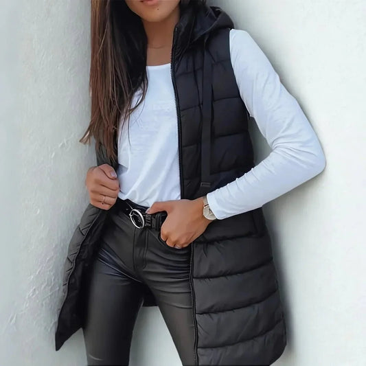 Women's long hooded sleeveless puffer vest lightweight layering gilet – Black