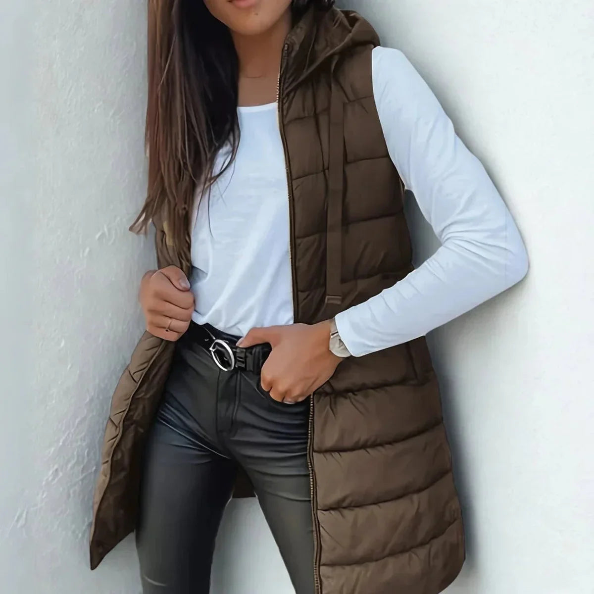 Women's long hooded sleeveless puffer vest lightweight layering gilet – Brown