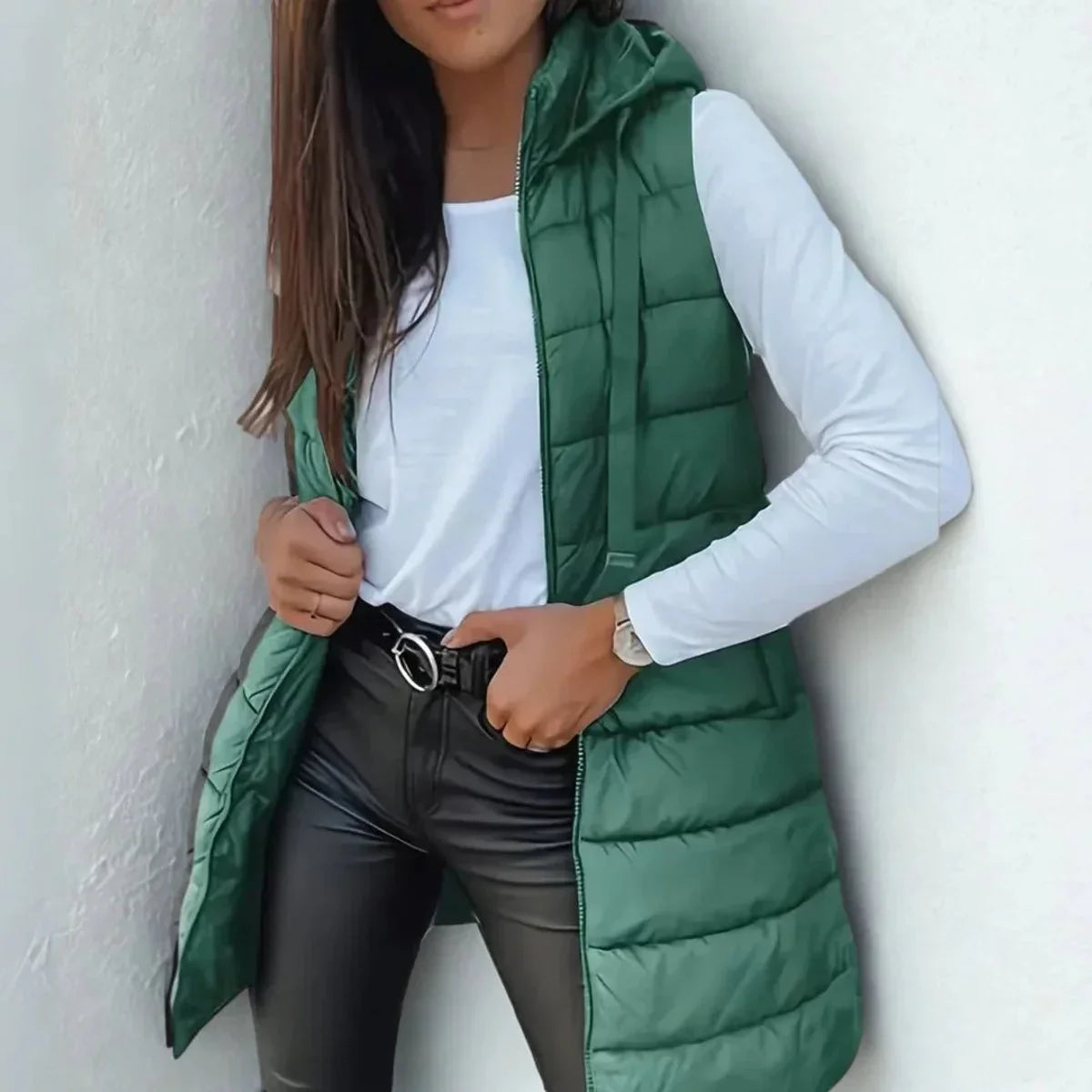 Women's long hooded sleeveless puffer vest lightweight layering gilet – Green