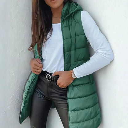 Women's long hooded sleeveless puffer vest lightweight layering gilet – Green