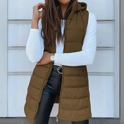 Women's long hooded sleeveless puffer vest lightweight layering gilet – Khaki