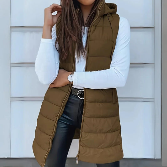 Women's long hooded sleeveless puffer vest lightweight layering gilet – Khaki
