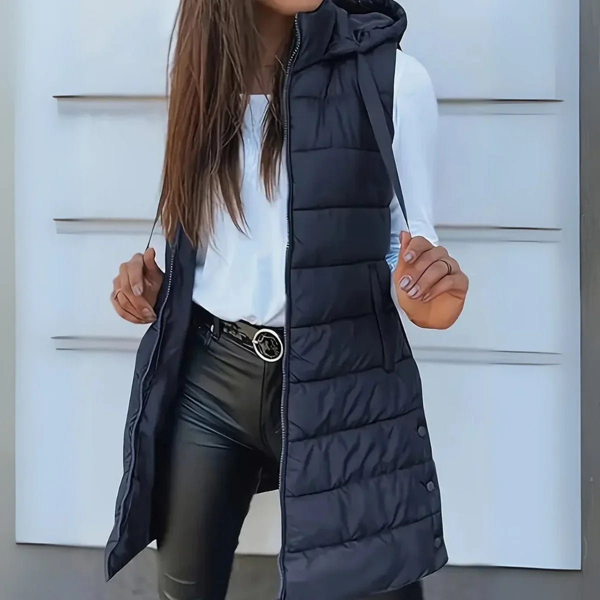 Women's long hooded sleeveless puffer vest lightweight layering gilet – Navy Blue