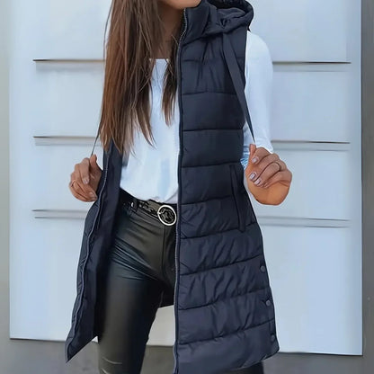 Women's long hooded sleeveless puffer vest lightweight layering gilet – Navy Blue