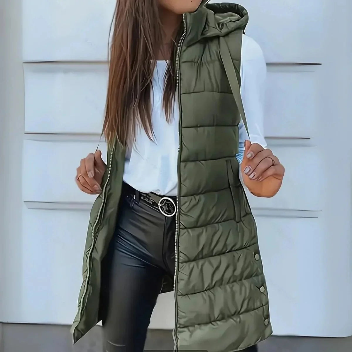 Women's long hooded sleeveless puffer vest lightweight layering gilet – Olive Green