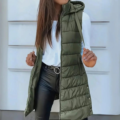 Women's long hooded sleeveless puffer vest lightweight layering gilet – Olive Green
