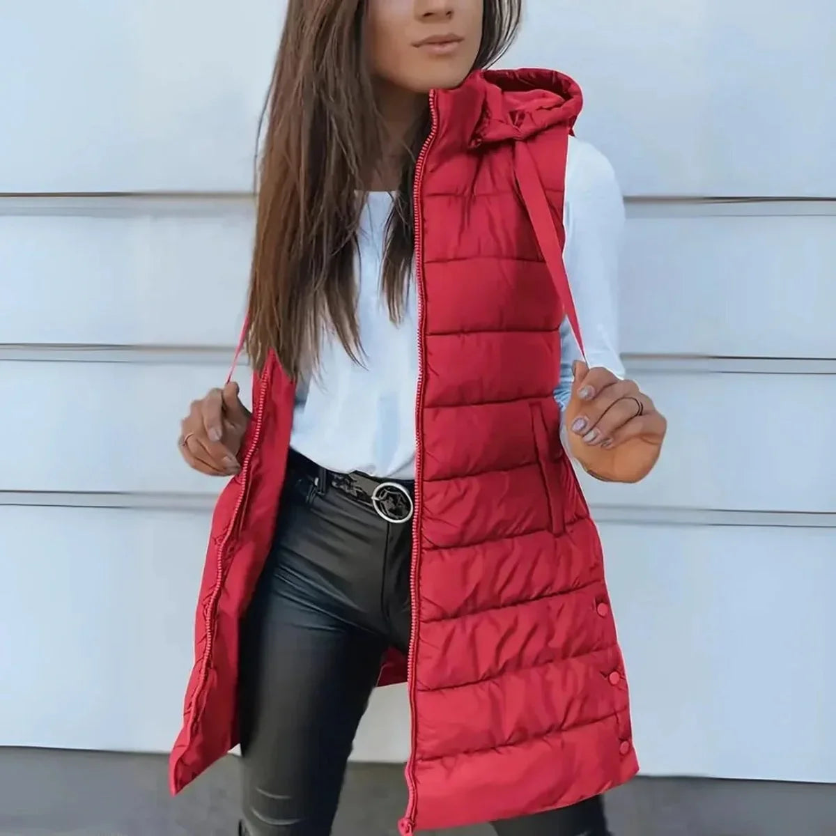 Women's long hooded sleeveless puffer vest lightweight layering gilet – Red