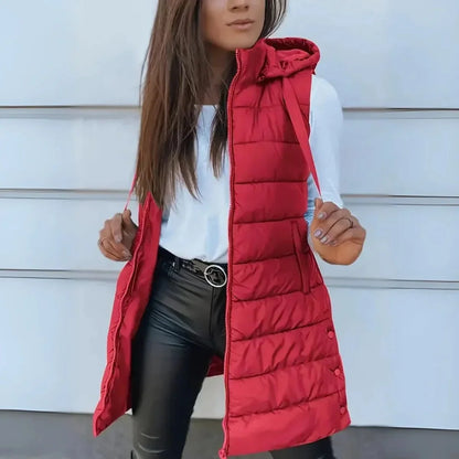 Women's long hooded sleeveless puffer vest lightweight layering gilet – Red