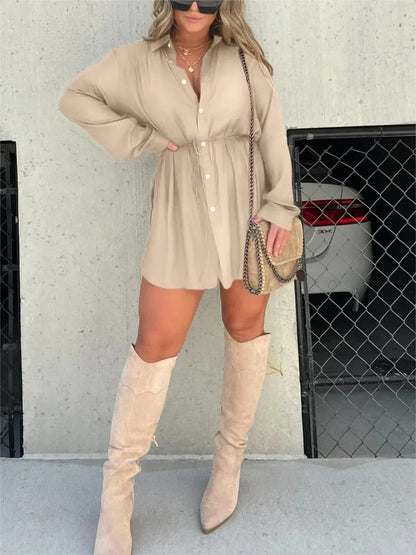 Women's long sleeve button-down shirt mini dress with self-tie waist – Apricot
