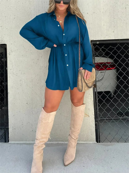 Women's long sleeve button-down shirt mini dress with self-tie waist – Blue
