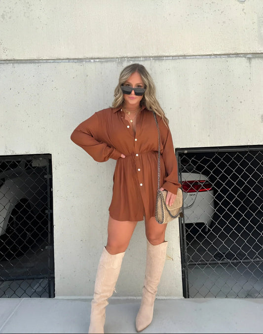 Women's long sleeve button-down shirt mini dress with self-tie waist – Brown