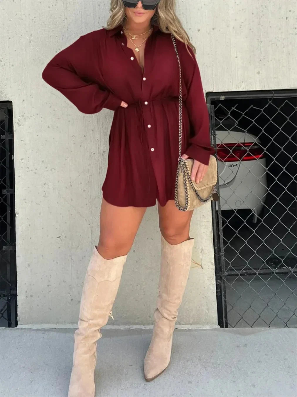 Women's long sleeve button-down shirt mini dress with self-tie waist – Burgundy