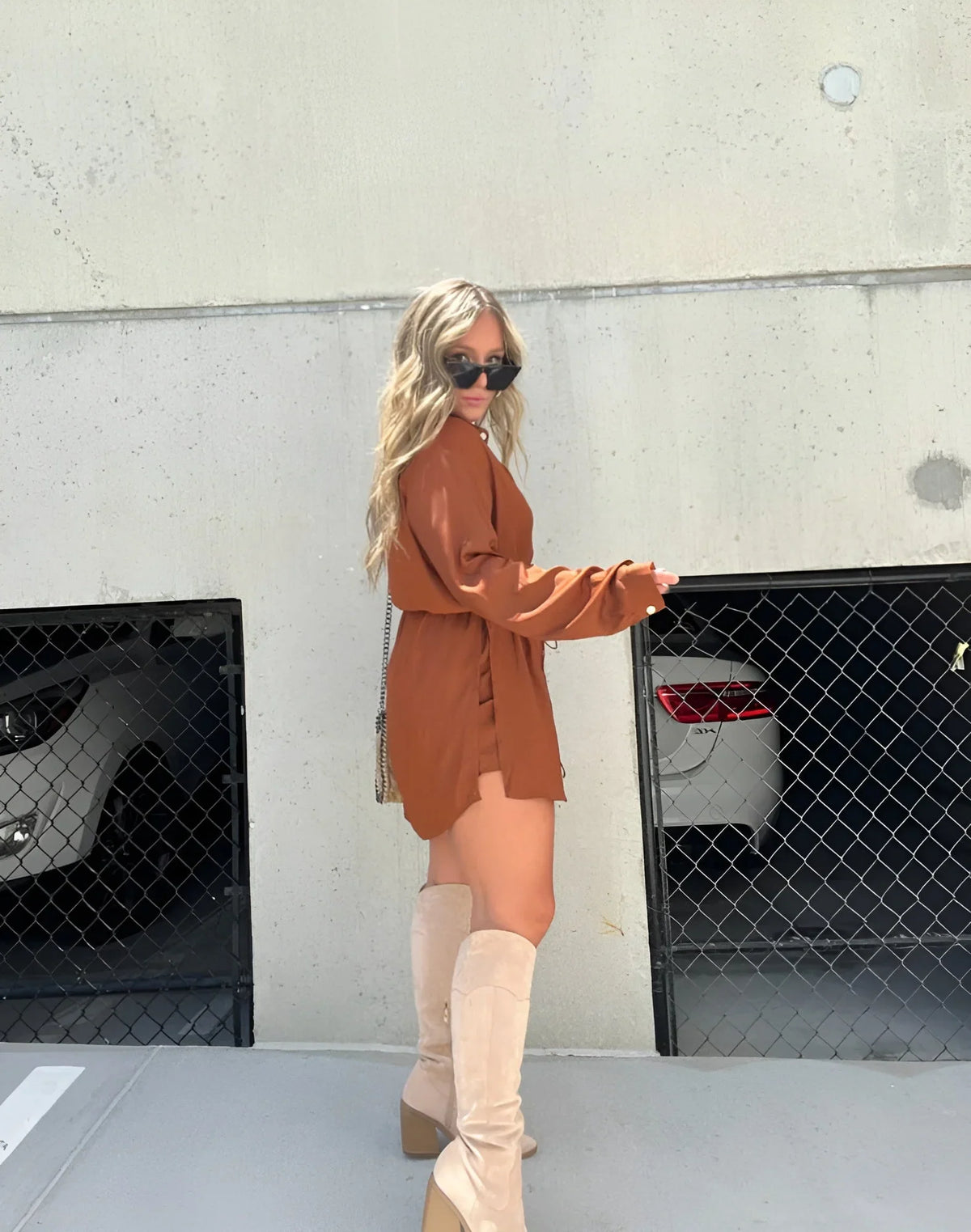 Women's long sleeve button-down shirt mini dress with self-tie waist