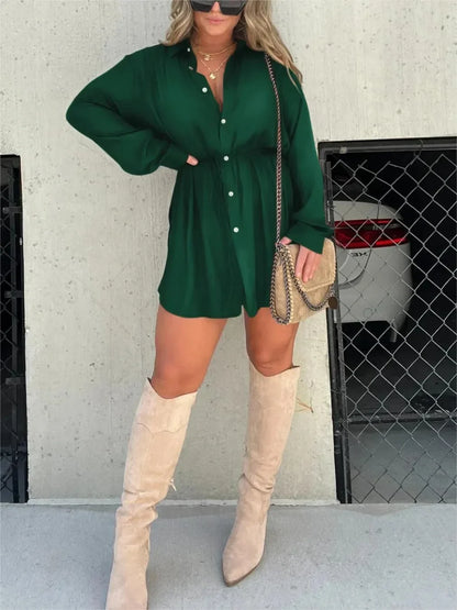 Women's long sleeve button-down shirt mini dress with self-tie waist – Green