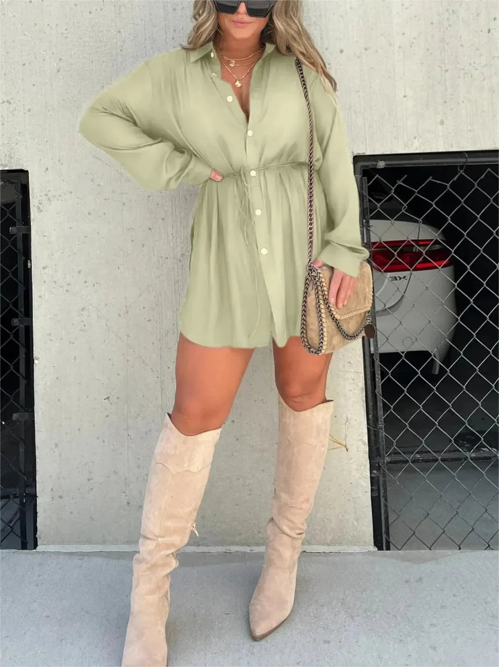 Women's long sleeve button-down shirt mini dress with self-tie waist – Mint Green
