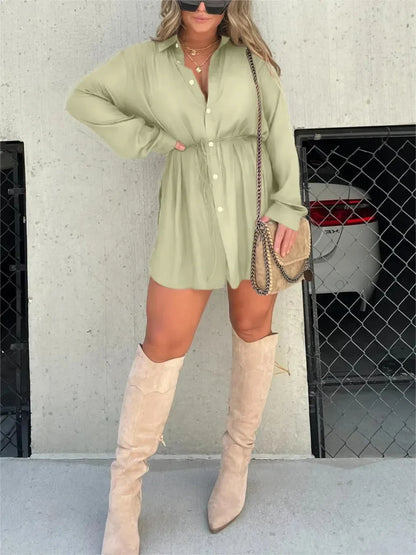 Women's long sleeve button-down shirt mini dress with self-tie waist – Mint Green