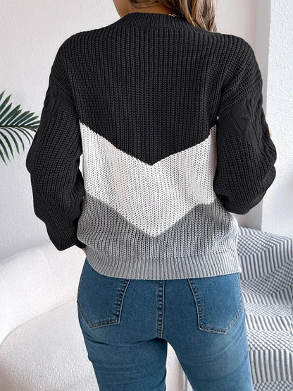 Women's long-sleeve cable-knit chevron color-block knit sweater with crew-neck