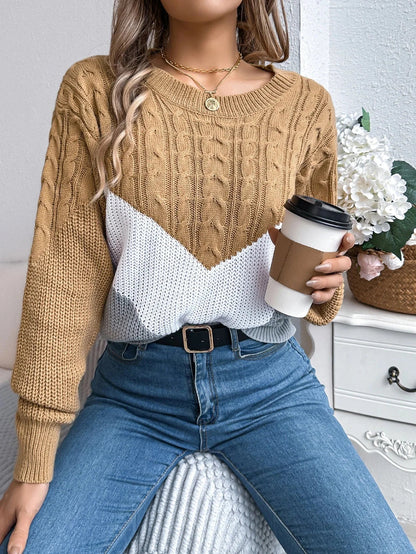 Women's long-sleeve cable-knit chevron color-block knit sweater with crew-neck