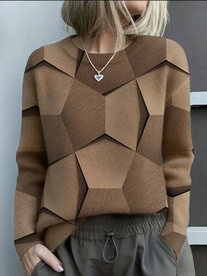 Women's long-sleeve geometric print knit sweater crewneck top – Brown