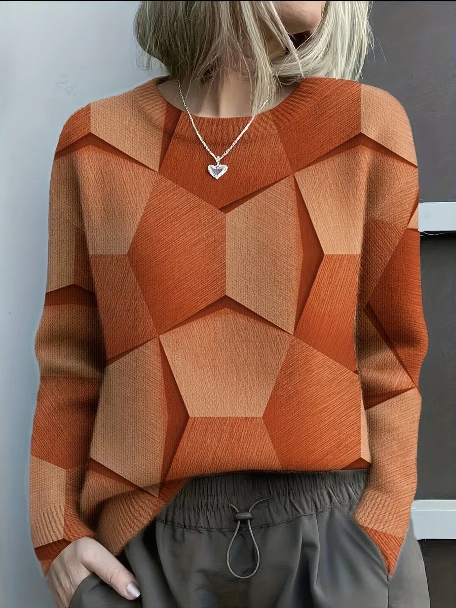 Women's long-sleeve geometric print knit sweater crewneck top – Orange
