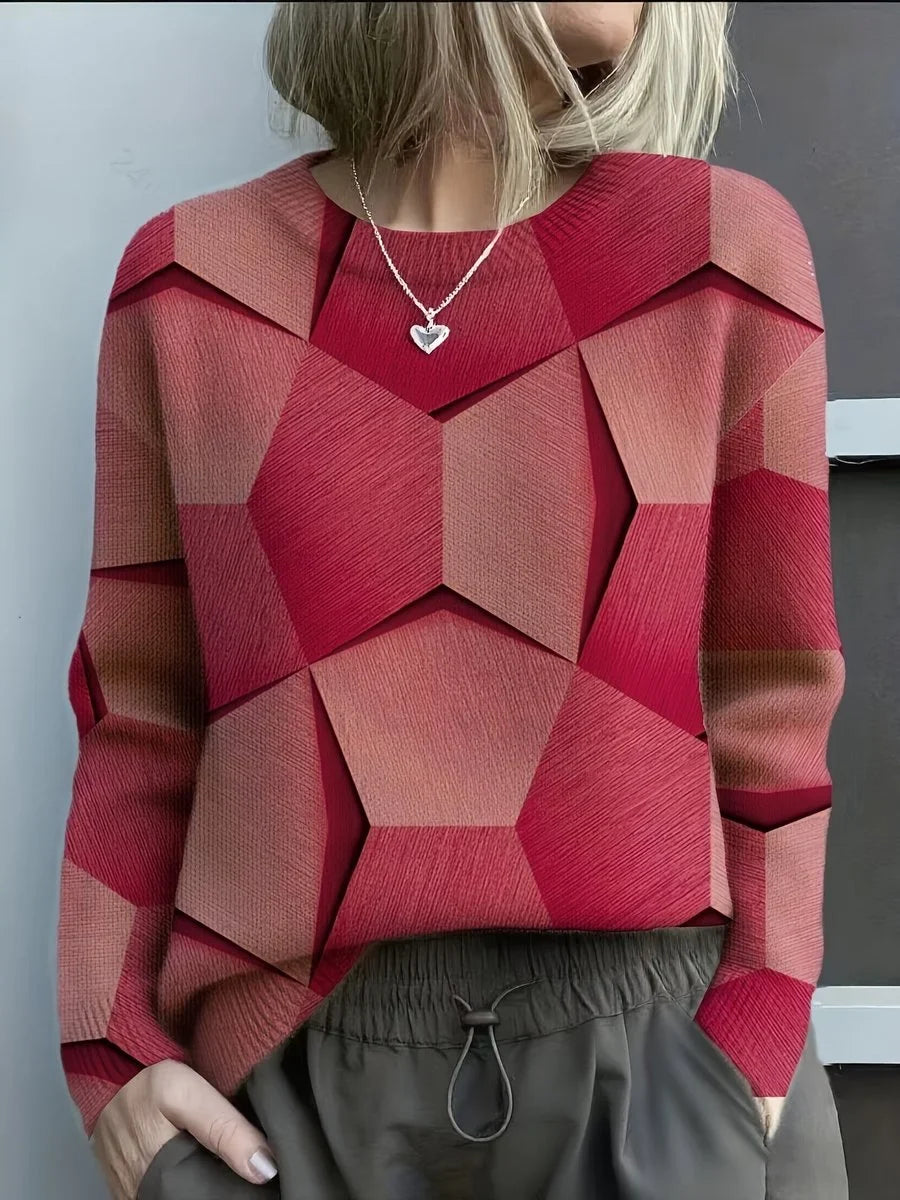 Women's long-sleeve geometric print knit sweater crewneck top – Red