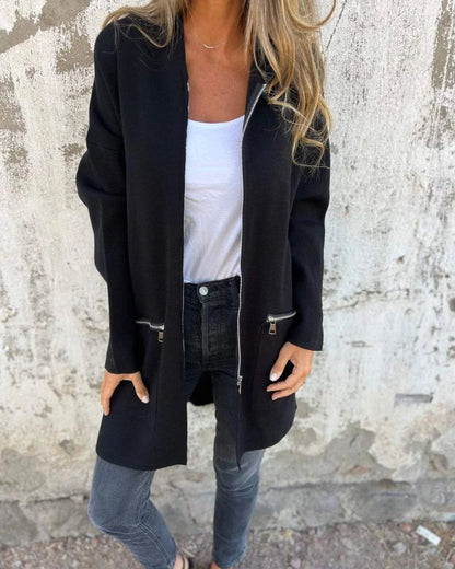 Women's long-sleeve hooded mid-length cardigan with full zip and zipper pockets – Black