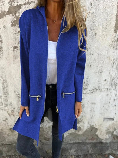 Women's long-sleeve hooded mid-length cardigan with full zip and zipper pockets – Blue
