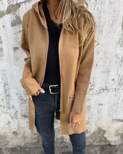 Women's long-sleeve hooded mid-length cardigan with full zip and zipper pockets – Brown