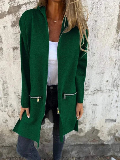 Women's long-sleeve hooded mid-length cardigan with full zip and zipper pockets – Green