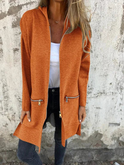 Women's long-sleeve hooded mid-length cardigan with full zip and zipper pockets – Orange