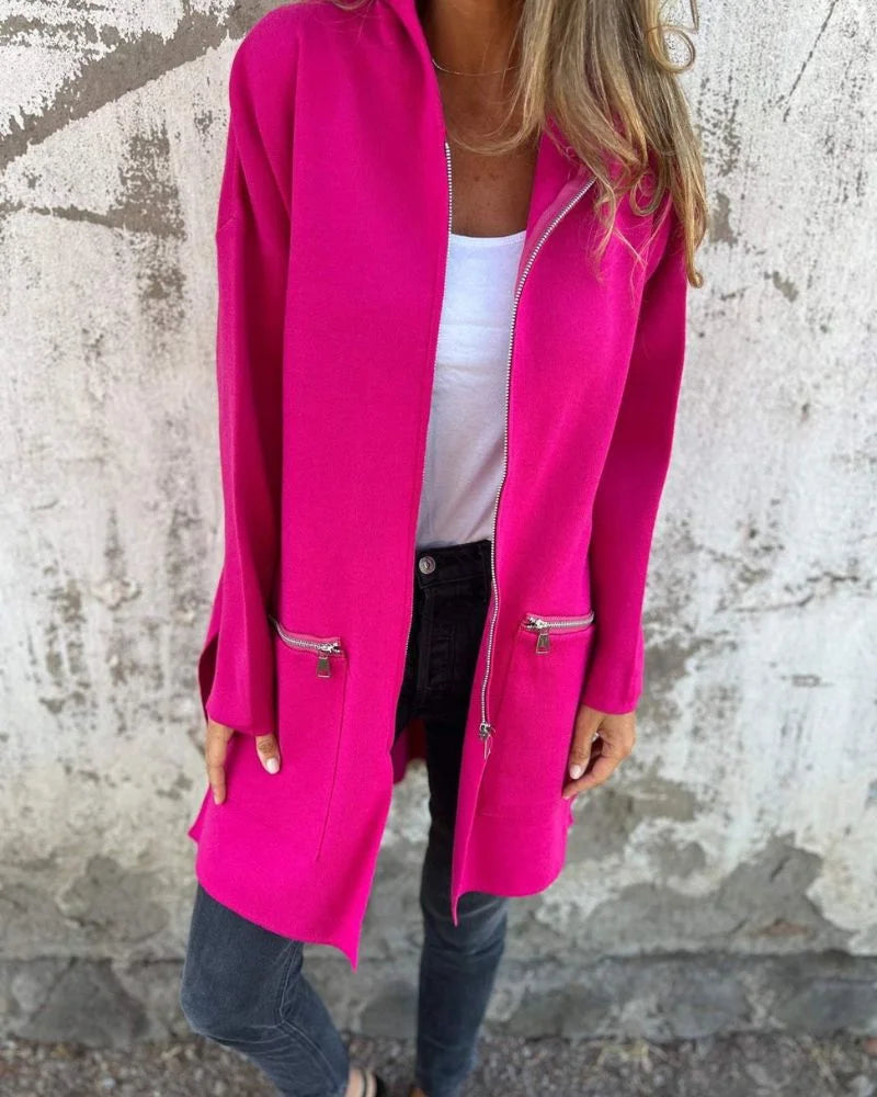 Women's long-sleeve hooded mid-length cardigan with full zip and zipper pockets – Pink
