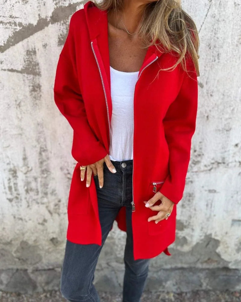 Women's long-sleeve hooded mid-length cardigan with full zip and zipper pockets – Red