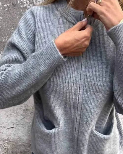 Women's long sleeve ribbed knit cardigan sweater with full-zip closure and pockets