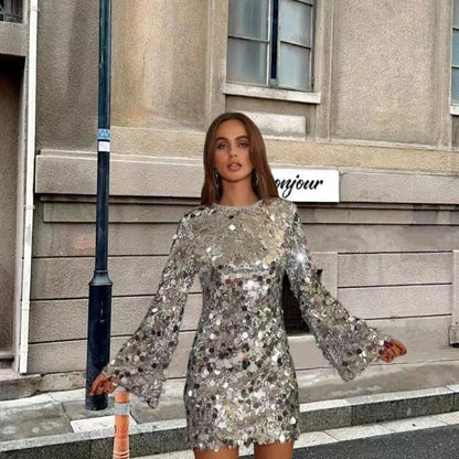 Women's long sleeve sequin mini cocktail dress – Silver