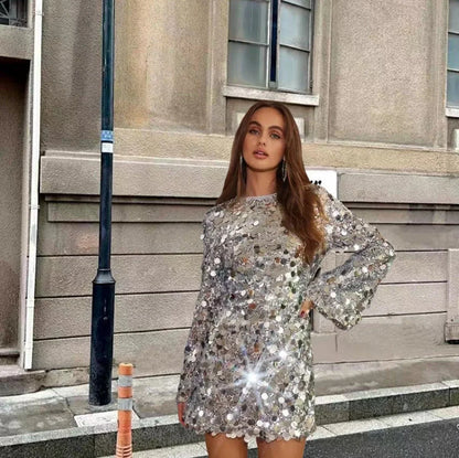 Women's long sleeve sequin mini cocktail dress – Silver