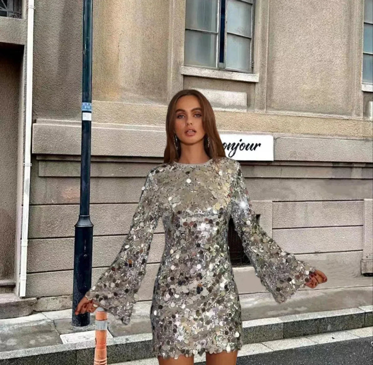 Women's long sleeve sequin mini cocktail dress – Silver