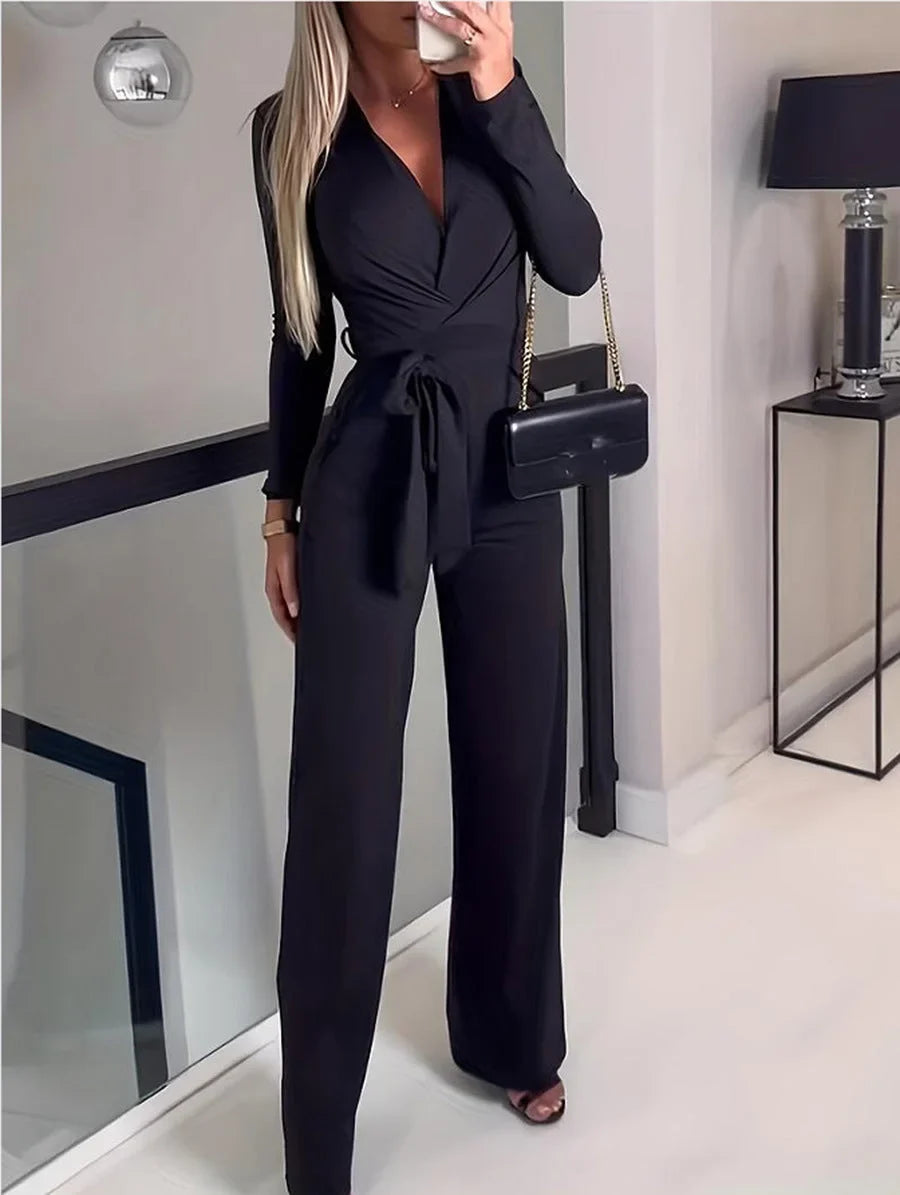 Women's long-sleeve V-neck jumpsuit with wide-leg pants and tie-waist – Black