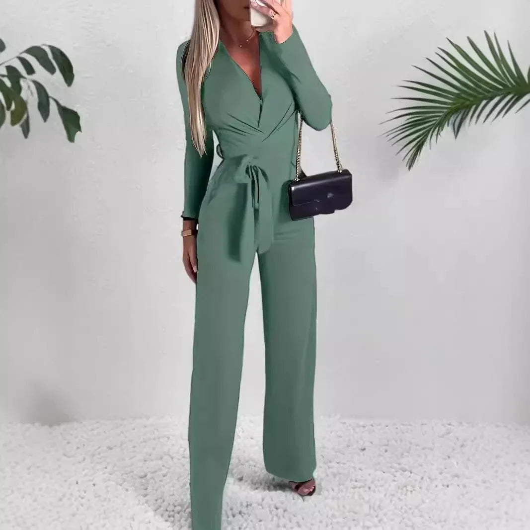 Women's long-sleeve V-neck jumpsuit with wide-leg pants and tie-waist – Green