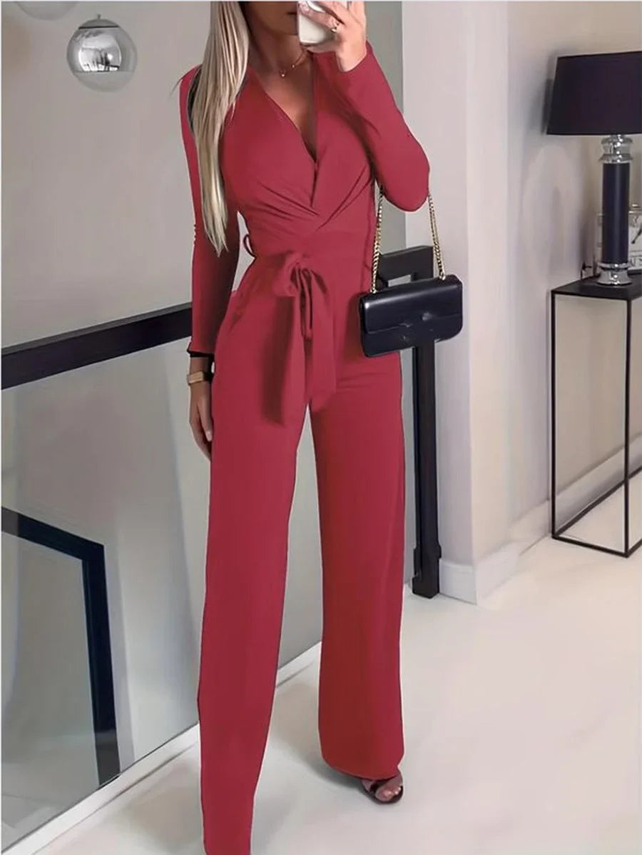 Women's long-sleeve V-neck jumpsuit with wide-leg pants and tie-waist – Red