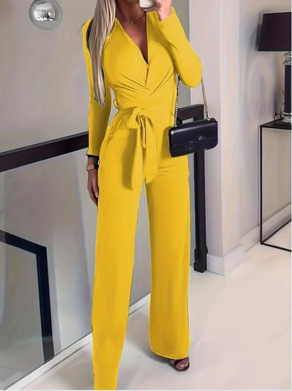 Women's long-sleeve V-neck jumpsuit with wide-leg pants and tie-waist – Yellow