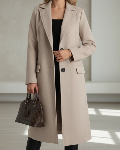 Women's long tailored wool coat with notched lapel and single-breasted front – Beige