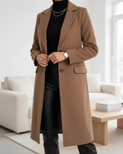Women's long tailored wool coat with notched lapel and single-breasted front – Brown