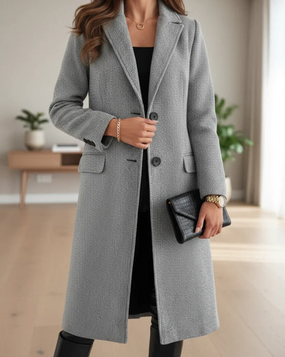 Women's long tailored wool coat with notched lapel and single-breasted front – Grey