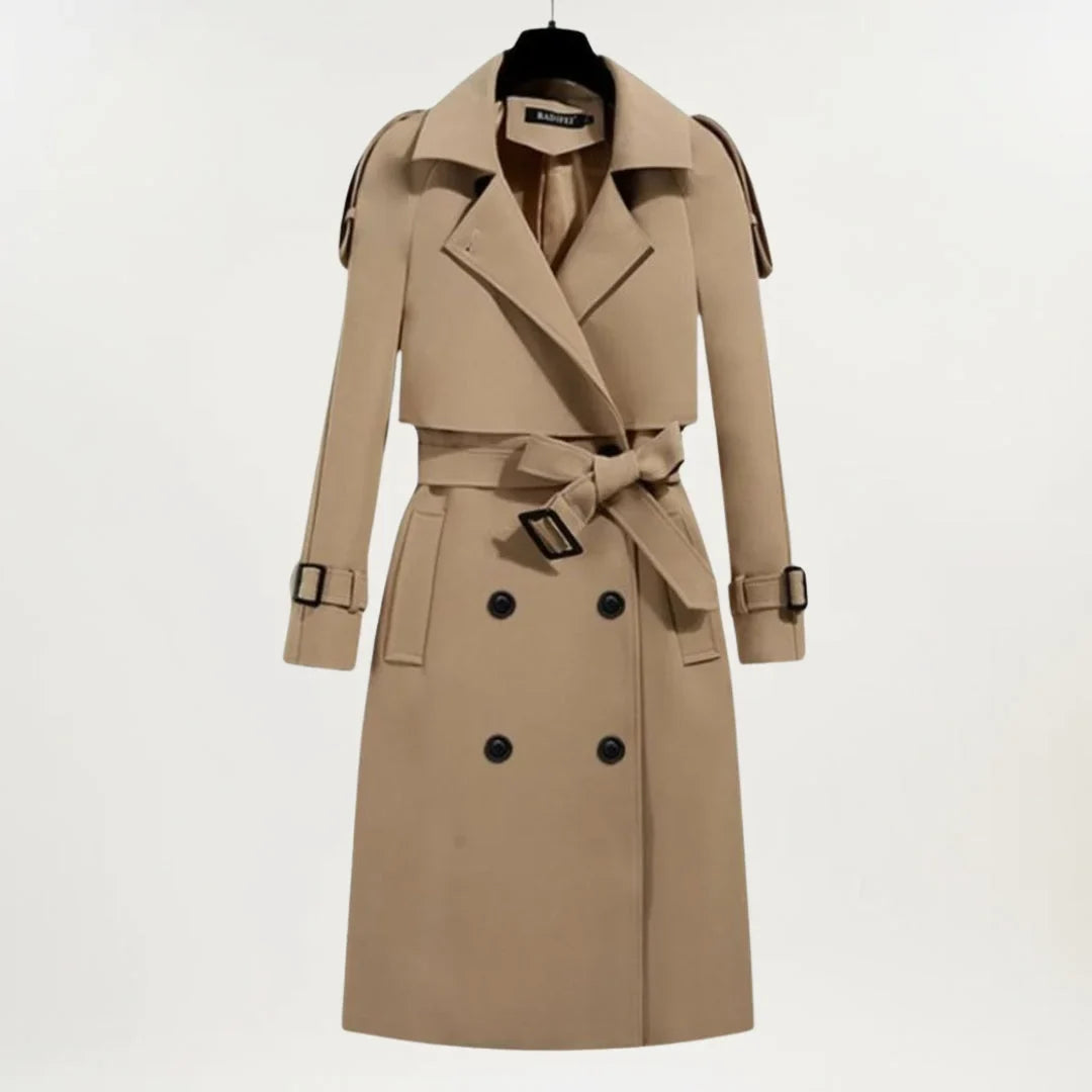 Women's longline belted trench coat with double-breasted closure – Beige