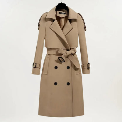 Women's longline belted trench coat with double-breasted closure – Beige
