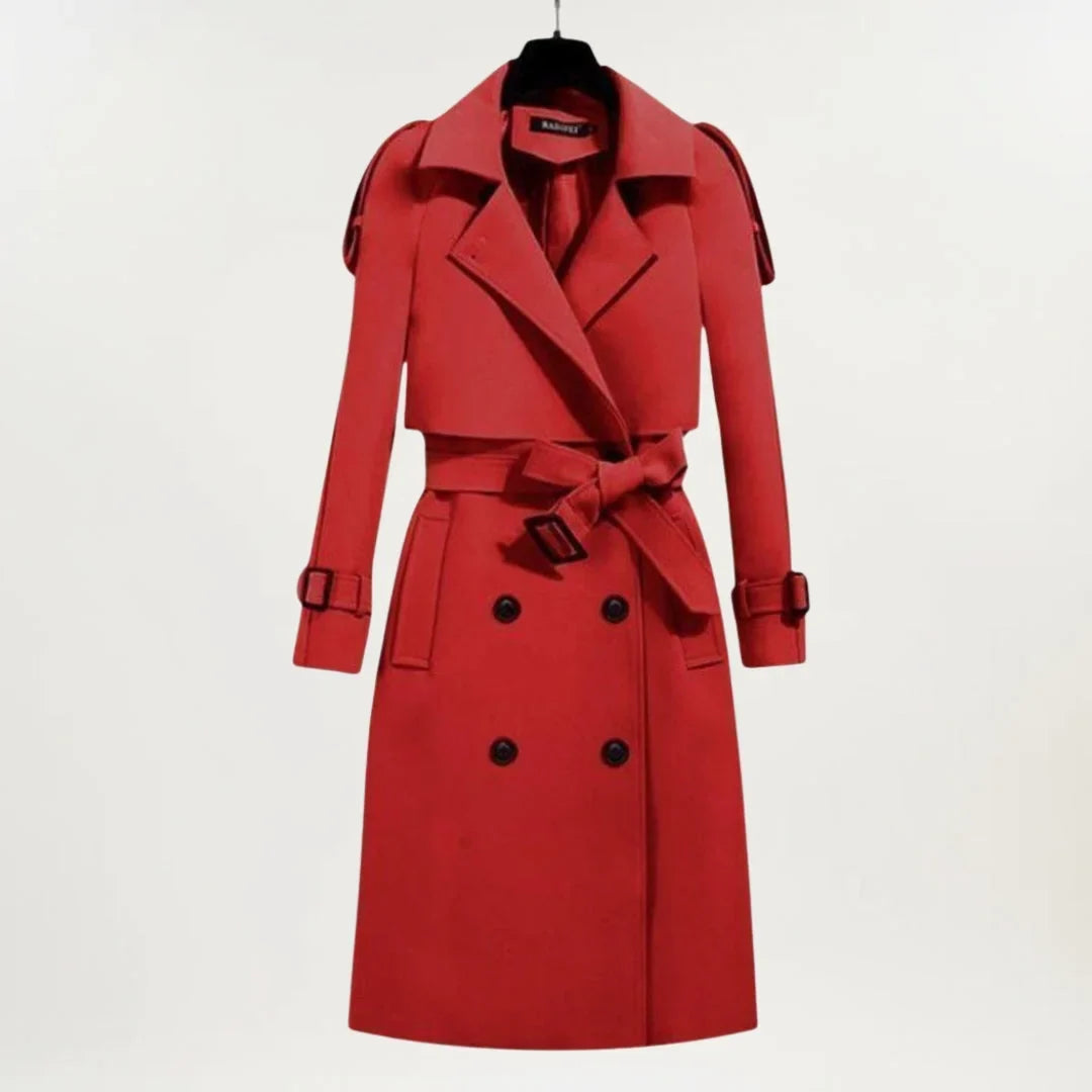 Women's longline belted trench coat with double-breasted closure – Red