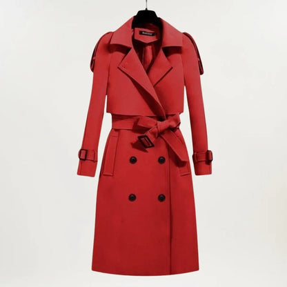 Women's longline belted trench coat with double-breasted closure – Red
