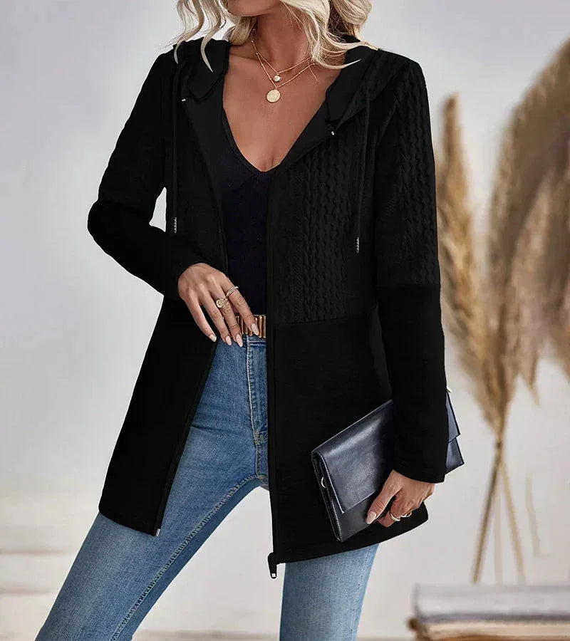 Women's longline cable-knit full-zip hoodie with long sleeves – Black