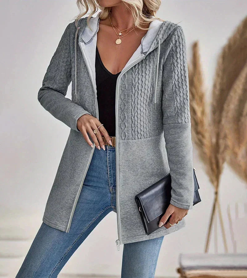 Women's longline cable-knit full-zip hoodie with long sleeves – Grey
